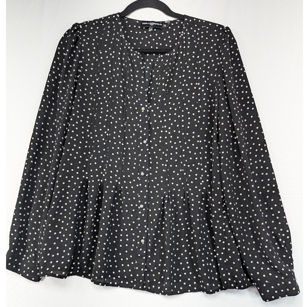 Karl Lagerfeld Paris Polka Dot Pintuck Pearl‎ Button Peplum Blouse Black White M